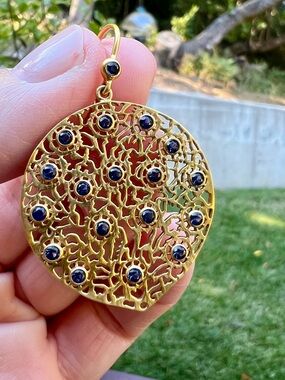 Gold Filigree Drop Earrings with Blue Stones